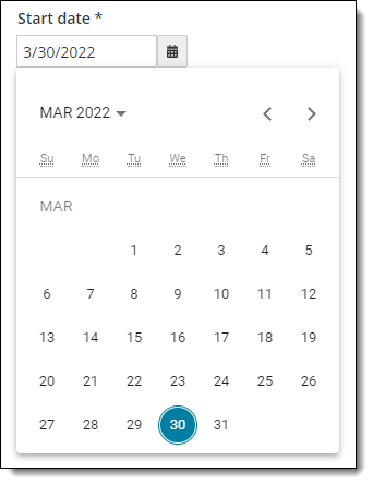 Start date calendar picker.